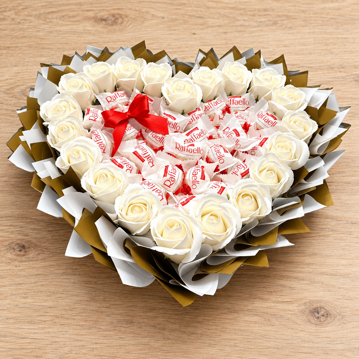 Heart-shaped bouquet of pleasure "Raffaello &amp; White Roses" - Exclusive gift for Valentine's Day and special moments 