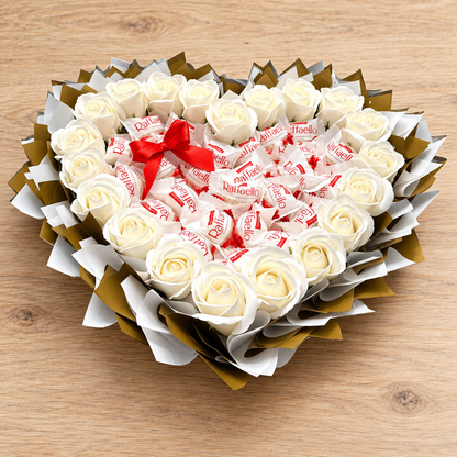Heart-shaped bouquet of pleasure "Raffaello &amp; White Roses" - Exclusive gift for Valentine's Day and special moments 