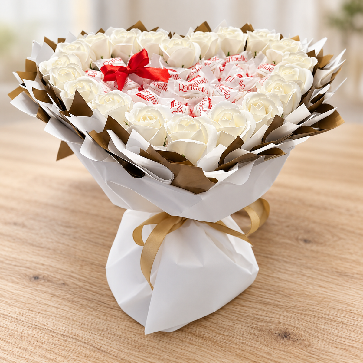 Heart-shaped bouquet of pleasure "Raffaello &amp; White Roses" - Exclusive gift for Valentine's Day and special moments 