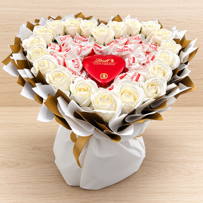 Edible bouquet "von Herzen White" - Heart-shaped gift with Raffaello, Lindt &amp; white roses for special occasions 