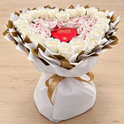 Edible bouquet "von Herzen White" - Heart-shaped gift with Raffaello, Lindt &amp; white roses for special occasions 