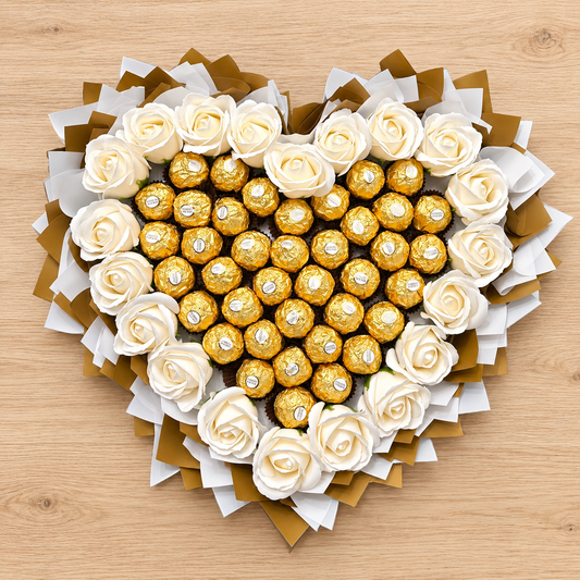 Ferrero Rocher Herzstrauß mit weißen Seifenrosen – luxuriöses Geschenk in Herzform