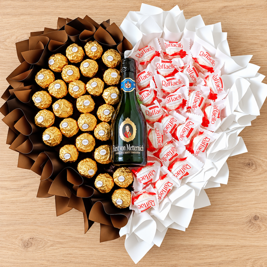 Ferrero Rocher und Raffaello Herzstrauß mit Fürst von Metternich Sekt