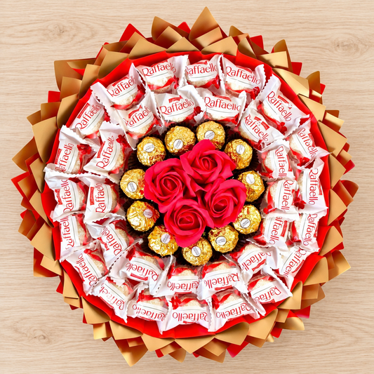 Raffaello Strauß mit Ferrero Rocher und roten Seifenrosen – besondere Geschenkidee