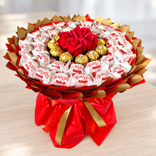 Raffaello Strauß mit Ferrero Rocher und roten Seifenrosen – besondere Geschenkidee