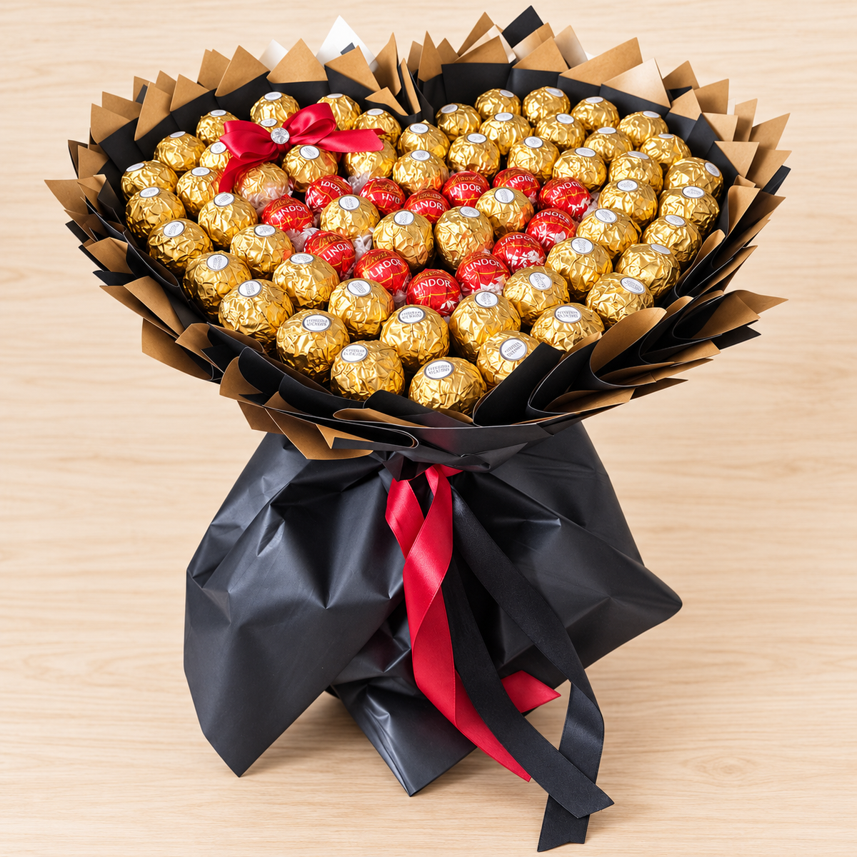 Herzförmiger Schokoladenstrauß „Luxus Gold“ mit Ferrero Rocher und Lindt Lindor