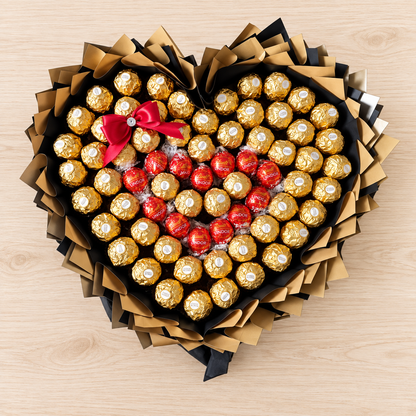 Herzförmiger Schokoladenstrauß „Luxus Gold“ mit Ferrero Rocher und Lindt Lindor