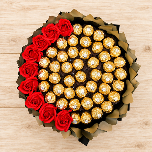 Ferrero Rocher Strauss mit roten Seifenrosen – Geschenk für Sie