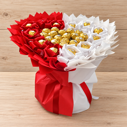 Exclusive Ferrero Rocher chocolate bouquet – noble gift with praline heart and satin ribbons for special occasions