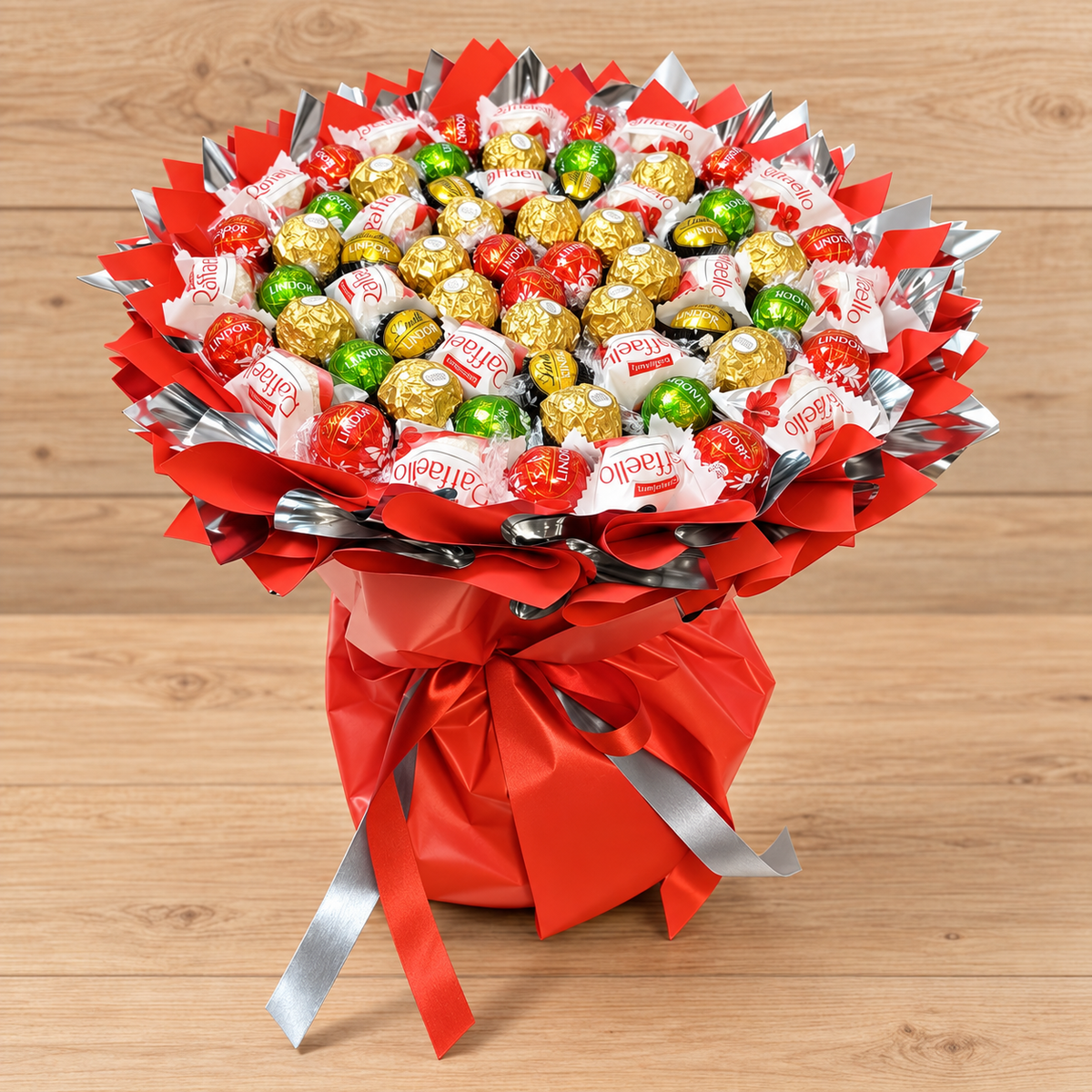 Genussvielfalt – Pralinenstrauss mit Lindor, Raffaello und Ferrero Rocher