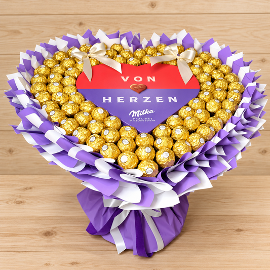 Von Herzen –XL Ferrero Rocher Herzstrauß mit Milka Pralinenherz