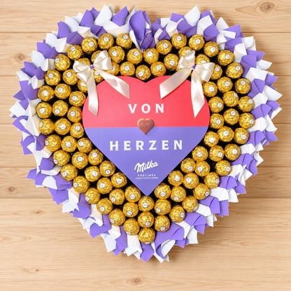 Von Herzen –XL Ferrero Rocher Herzstrauß mit Milka Pralinenherz