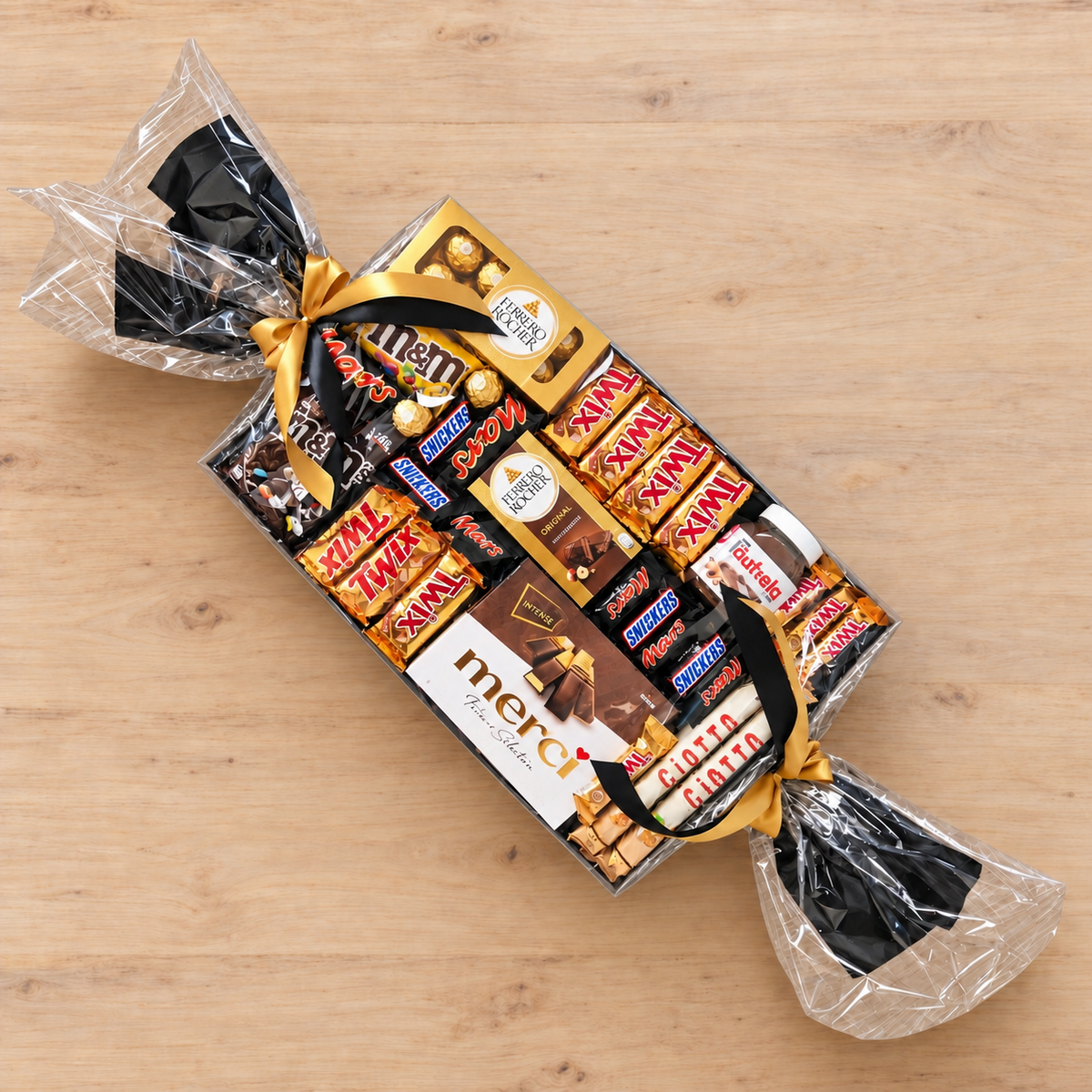XL Geschenkbonbon in Schwarz-Gold – Schokoladengeschenk mit Ferrero Rocher, TWIX und Nutella