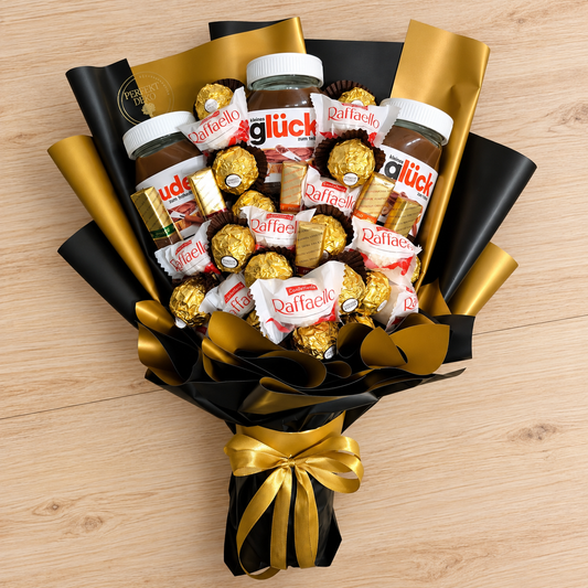 Süßigkeitenstrauß mit Nutella, Ferrero Rocher, Raffaello und Merci – Schwarz Gold