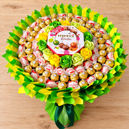 Sonnengold – Pralinenstrauß mit Merci Lovelies, Ferrero Rocher, Raffaello & Seifenrosen
