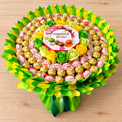 Sonnengold – Pralinenstrauß mit Merci Lovelies, Ferrero Rocher, Raffaello & Seifenrosen