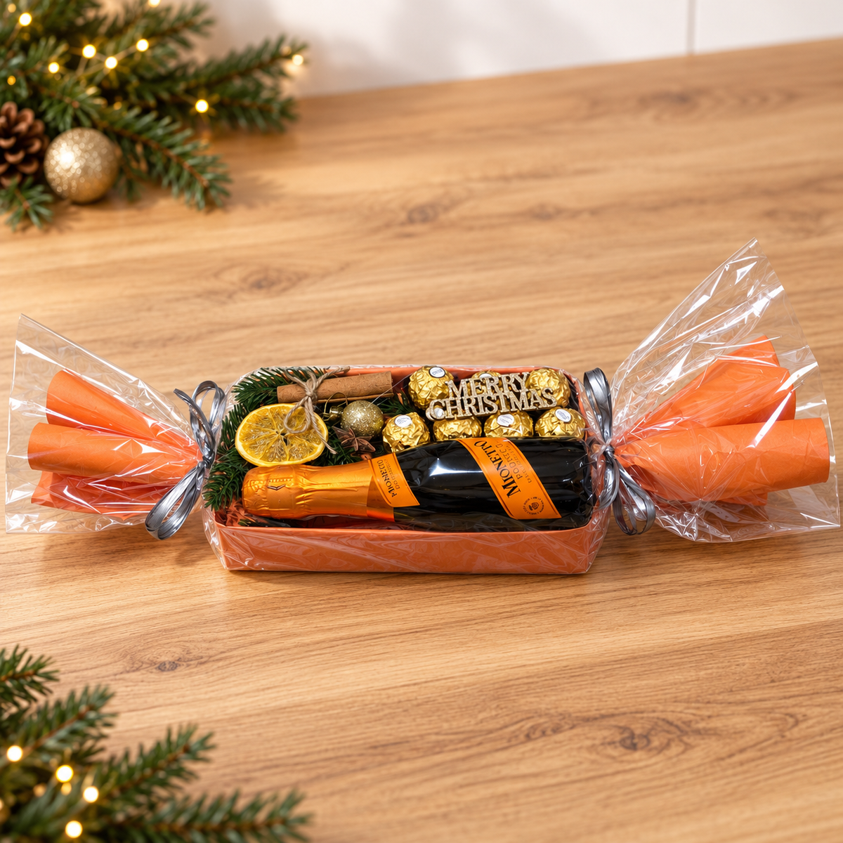 Weihnachtsbonbon mit Mionetto Prosecco & Ferrero Rocher – Exklusives Weihnachtsgeschenk in Orange-Gold
