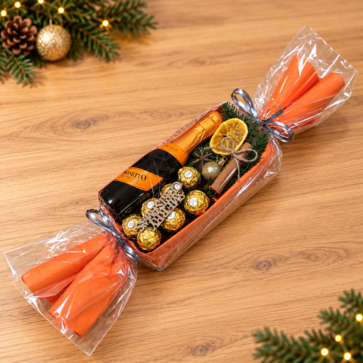 Weihnachtsbonbon mit Mionetto Prosecco & Ferrero Rocher – Exklusives Weihnachtsgeschenk in Orange-Gold