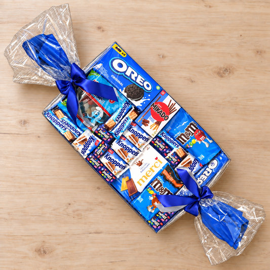 XL Süßigkeitenbonbon in Blau – Süßes Geschenk mit Knoppers, OREO und M&M’s