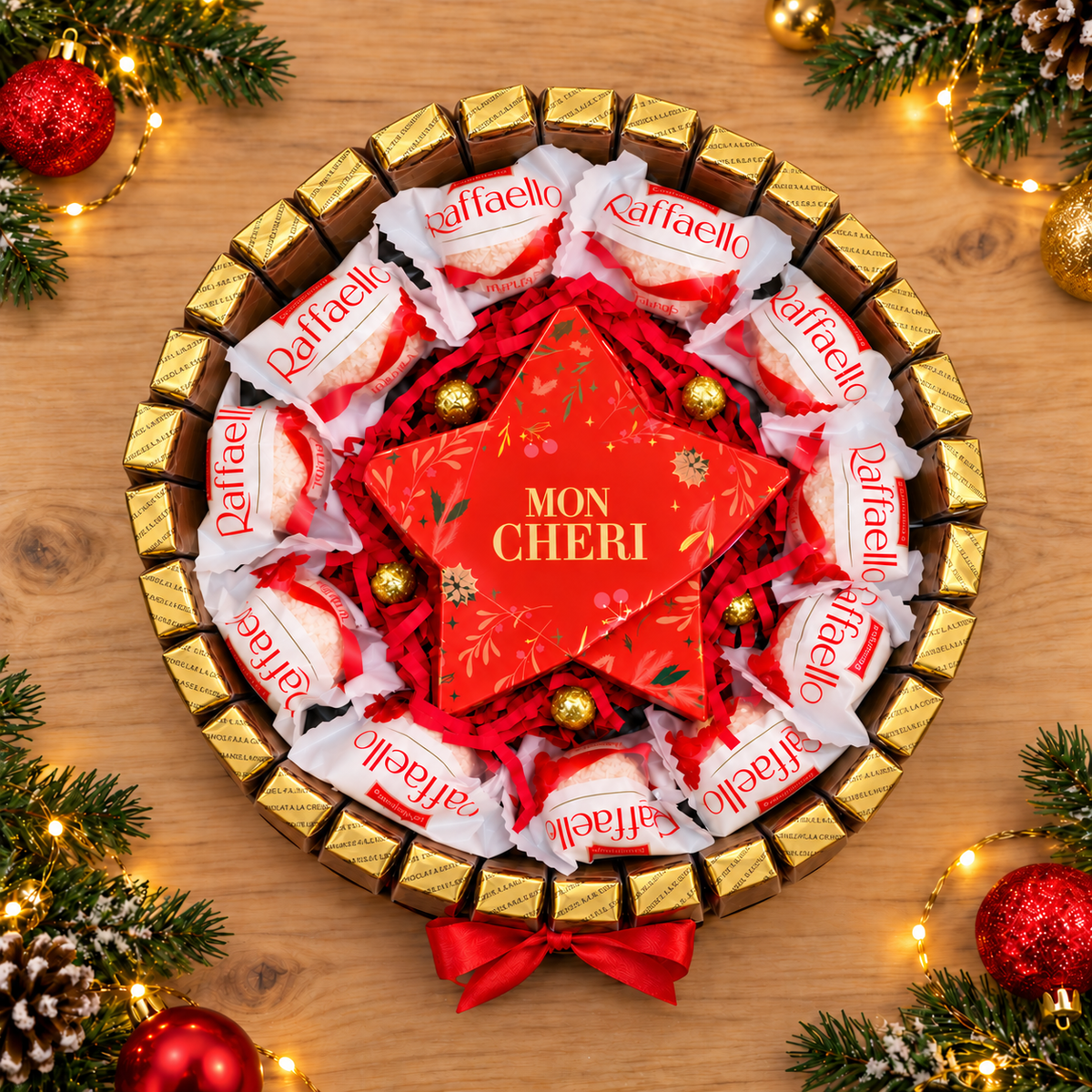 Weihnachtliche Süßigkeitentorte mit Merci, Raffaello und Mon Chéri-Stern