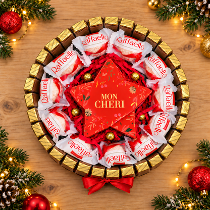 Weihnachtliche Süßigkeitentorte mit Merci, Raffaello und Mon Chéri-Stern