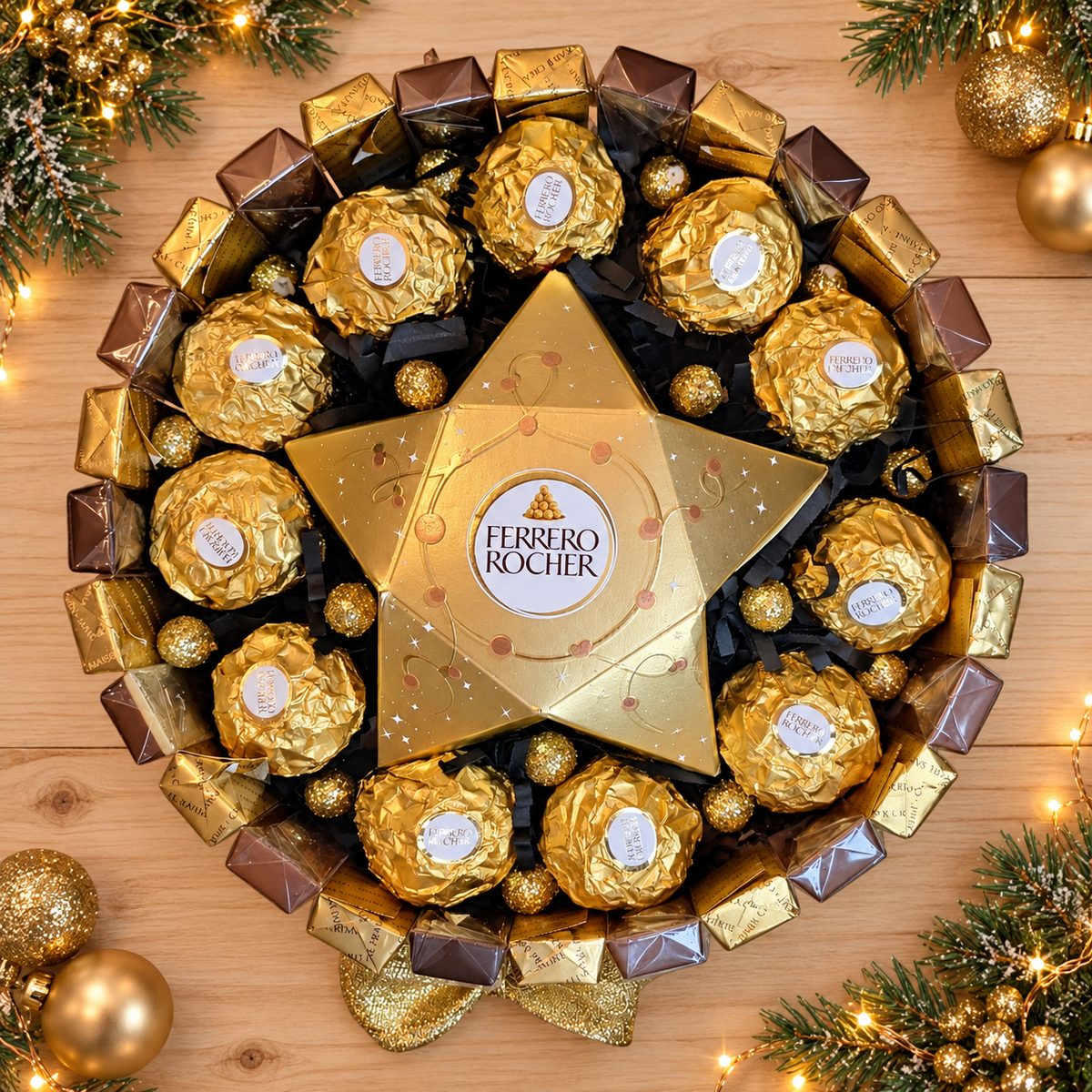 Goldene Schokoladentorte mit Ferrero Rocher und Merci – Weihnachtsgeschenk mit Pralinen