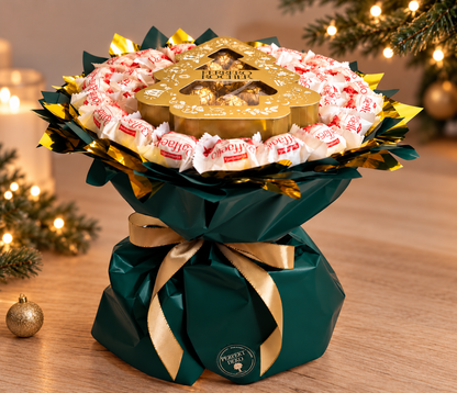 Raffaello Weihnachtsstrauß mit Ferrero Rocher Tanne in Grün-Gold
