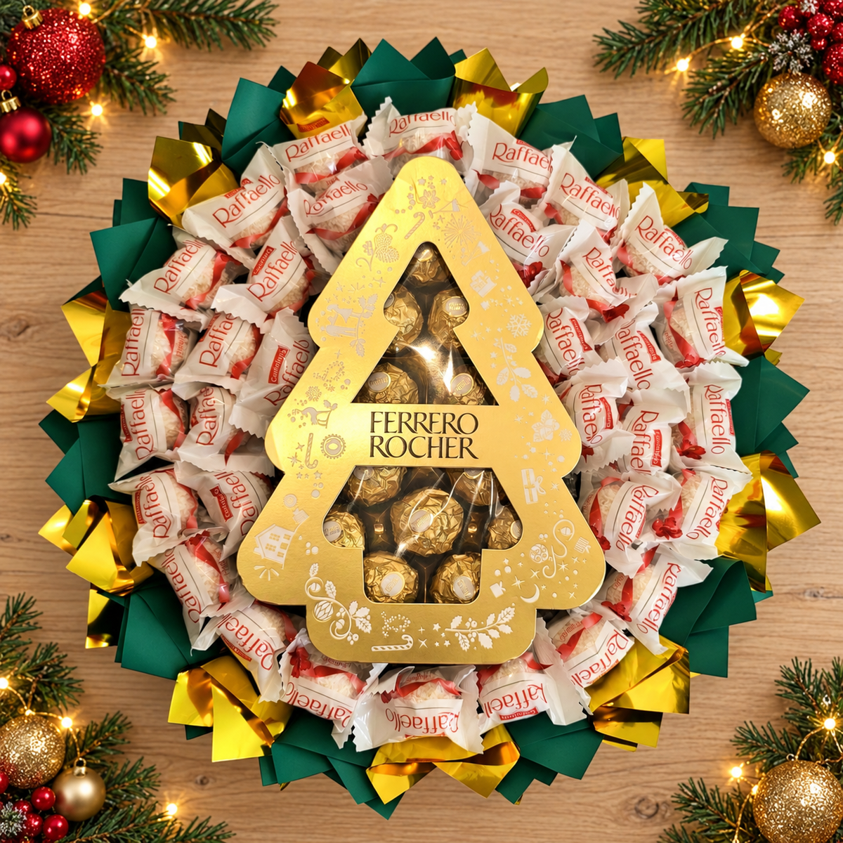 Raffaello Weihnachtsstrauß mit Ferrero Rocher Tanne in Grün-Gold