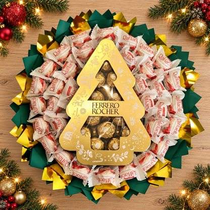 Raffaello Weihnachtsstrauß mit Ferrero Rocher Tanne in Grün-Gold