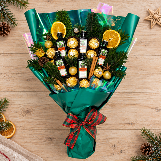Jägermeister Weihnachtsstrauß mit Ferrero Rocher – Süßigkeitenstrauß als Weihnachtsgeschenk