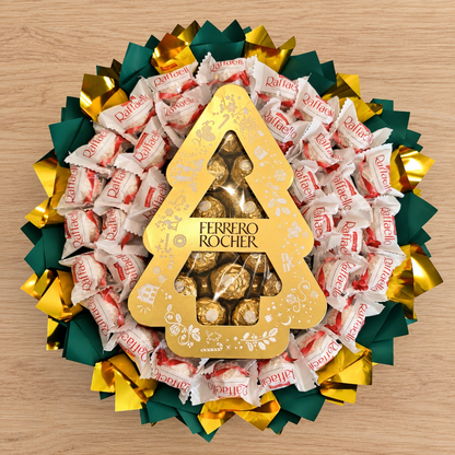 Raffaello Weihnachtsstrauß mit Ferrero Rocher Tanne in Grün-Gold