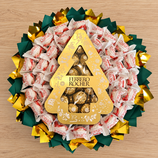 Raffaello Weihnachtsstrauß mit Ferrero Rocher Tanne in Grün-Gold