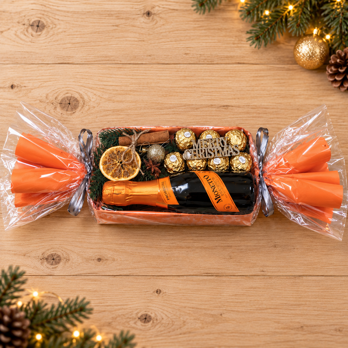 Weihnachtsbonbon mit Mionetto Prosecco & Ferrero Rocher – Exklusives Weihnachtsgeschenk in Orange-Gold