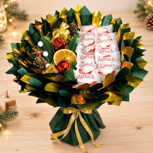 Raffaello Weihnachtsstrauß mit Weihnachtsdeko – Mini Schokoladenstrauß