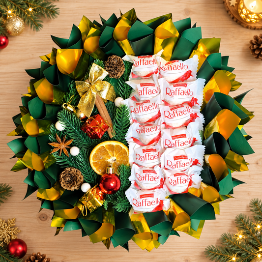 Raffaello Weihnachtsstrauß mit Weihnachtsdeko – Mini Schokoladenstrauß