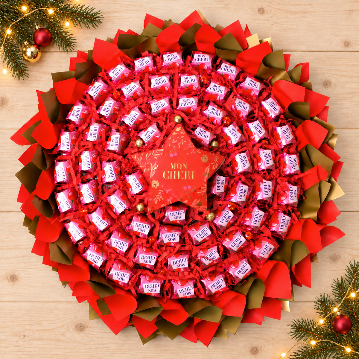 Weihnachtszauber mit Mon Chéri – festlicher Pralinenstrauß in Rot und Gold