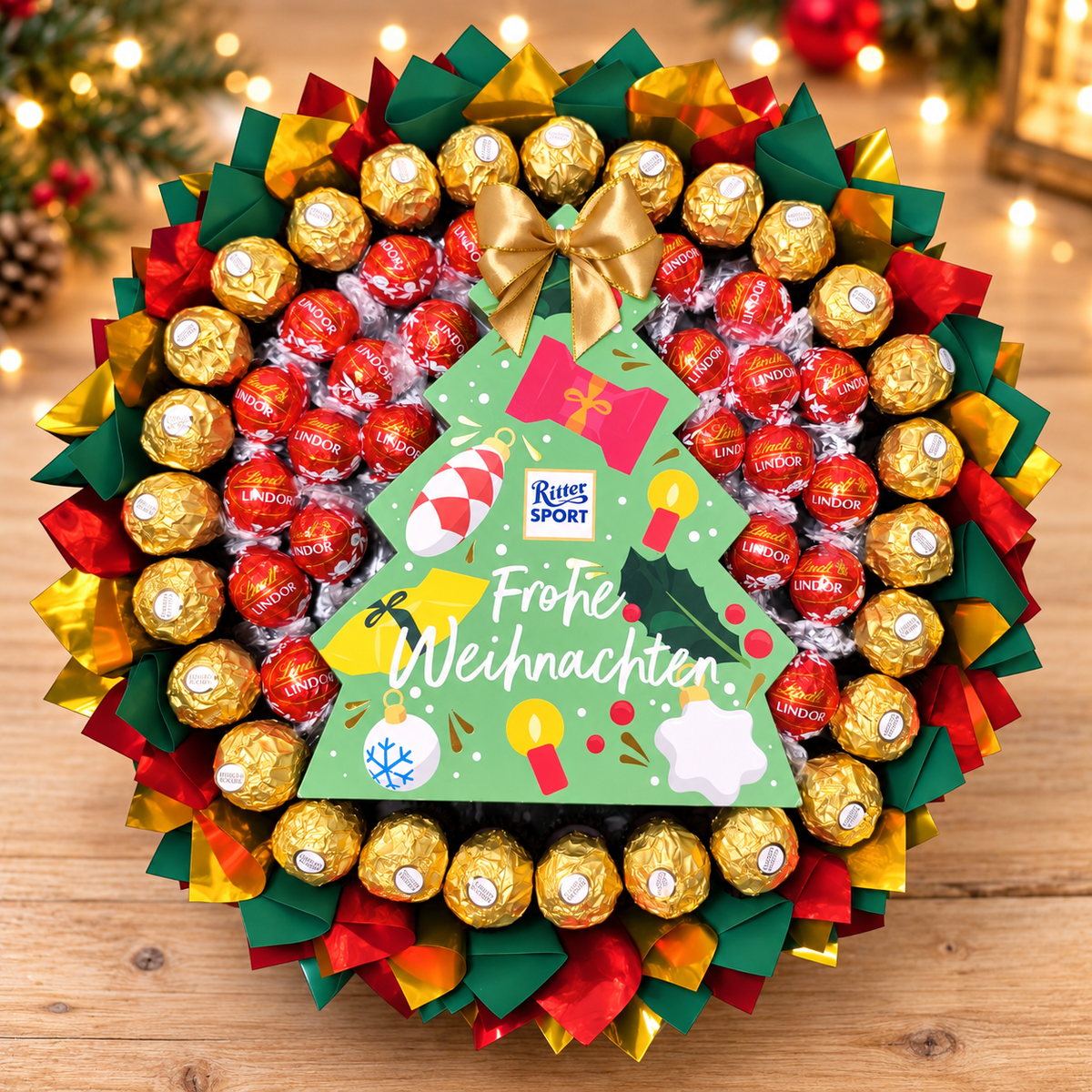 Weihnachtsgeschenk Schokoladenstrauß mit Ferrero Rocher, Lindt Lindor & Ritter Sport