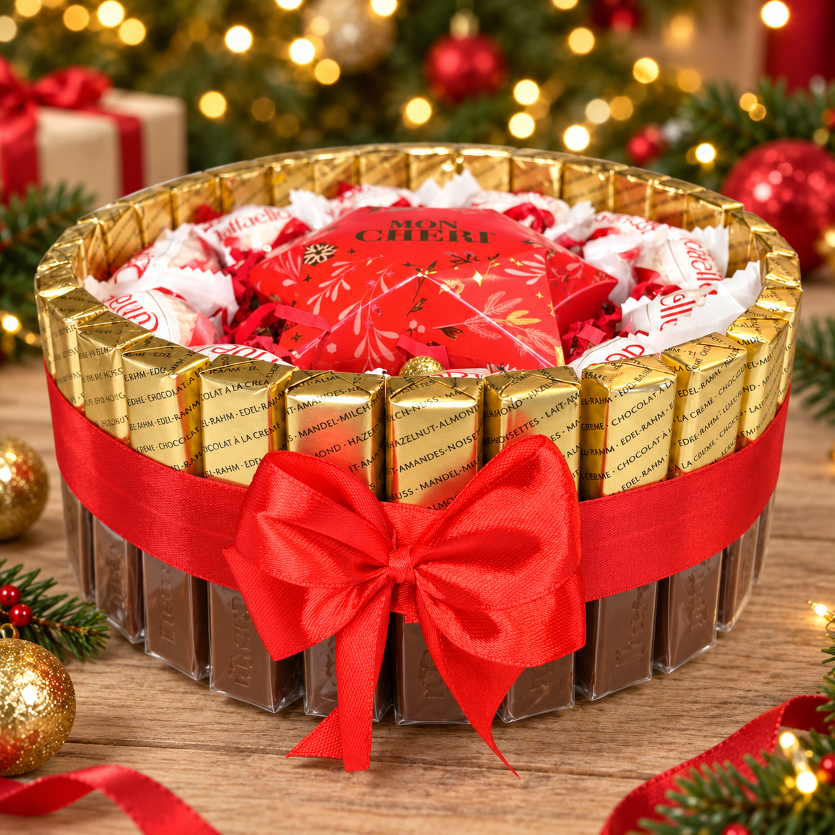 Weihnachtliche Süßigkeitentorte mit Merci, Raffaello und Mon Chéri-Stern