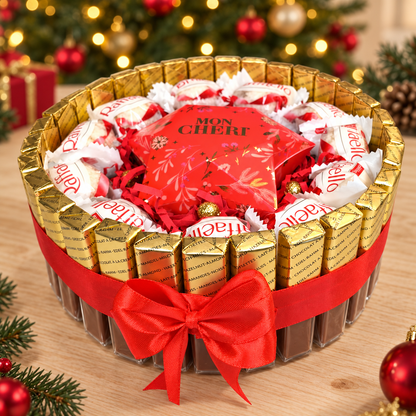 Weihnachtliche Süßigkeitentorte mit Merci, Raffaello und Mon Chéri-Stern