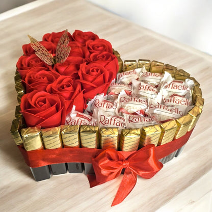 Elegant heart cake with Merci and Ferrero chocolates – Romantic gift with soap roses