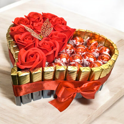 Elegant heart cake with Merci and Ferrero chocolates – Romantic gift with soap roses