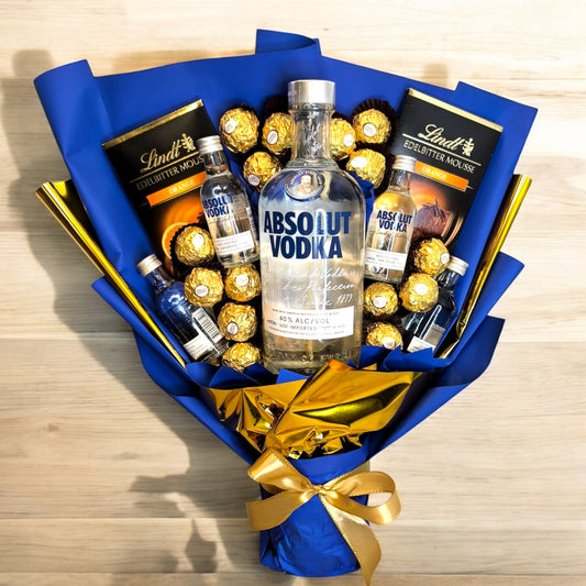 Vodka-Geschenkstrauß mit Absolut, Pralinen und Schokolade