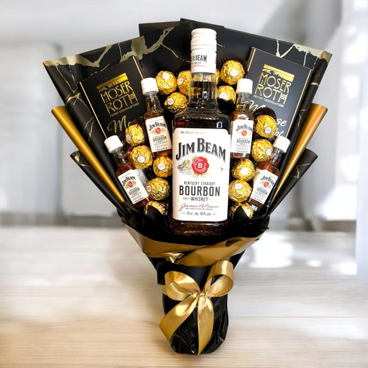 Whiskey-Geschenkstrauß mit Jim Beam, Pralinen und Schokolade