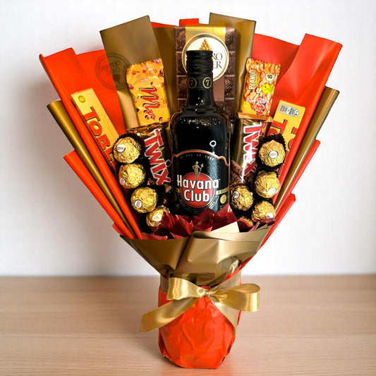 Geschenkstrauß mit Havana Club 7 Años Rum und Schokolade – Exklusives Männergeschenk zu Geburtstag, Jubiläum oder Vatertag