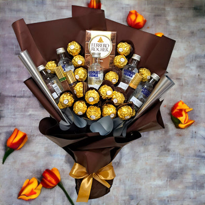 Bouquet of pleasure with "Absolut Vodka" miniatures and chocolates - Exclusive gift for special occasions 