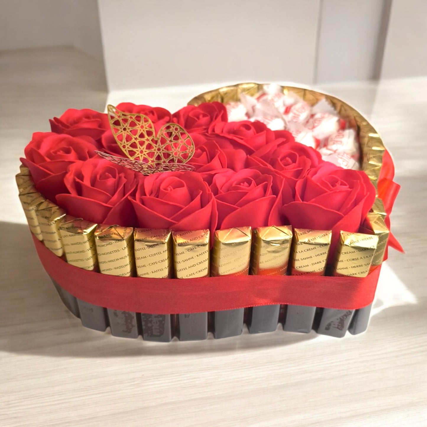 Elegant heart cake with Merci and Ferrero chocolates – Romantic gift with soap roses