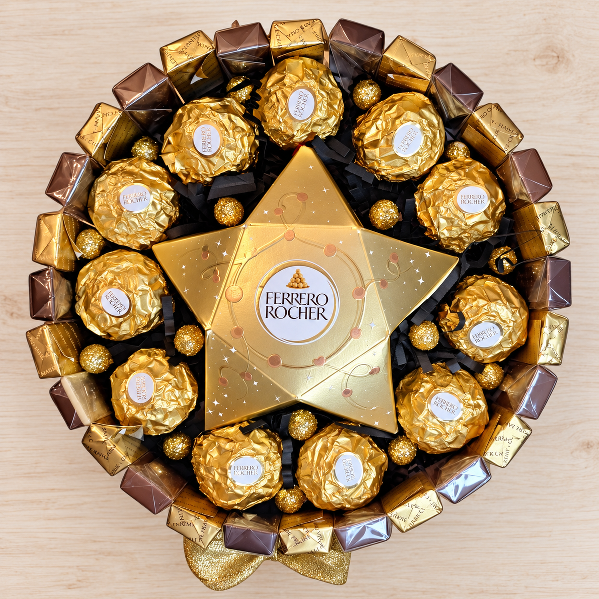 Goldene Schokoladentorte mit Ferrero Rocher und Merci – Weihnachtsgeschenk mit Pralinen