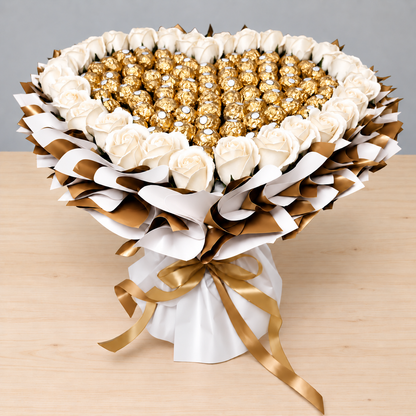 XL Rosenherz mit Ferrero Rocher – Eleganter Schokoladenstrauß in Weiß-Gold