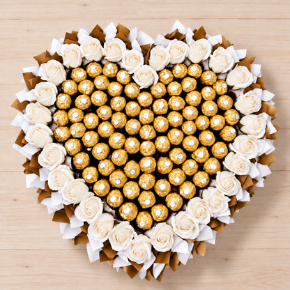 XL Rosenherz mit Ferrero Rocher – Eleganter Schokoladenstrauß in Weiß-Gold
