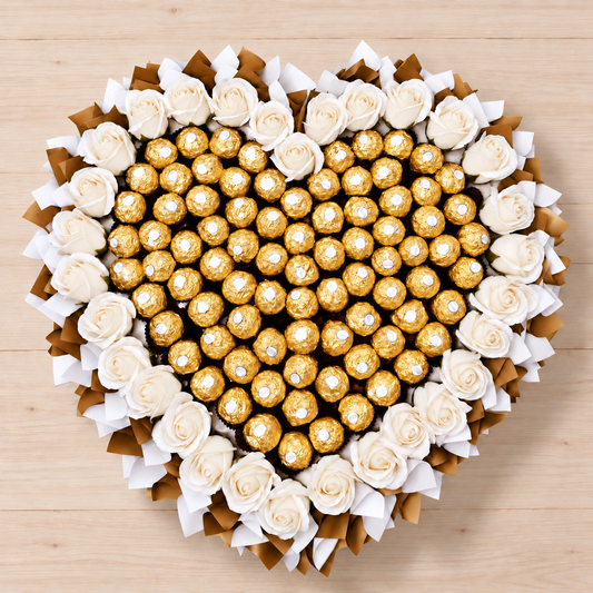 XL Rosenherz mit Ferrero Rocher – Eleganter Schokoladenstrauß in Weiß-Gold